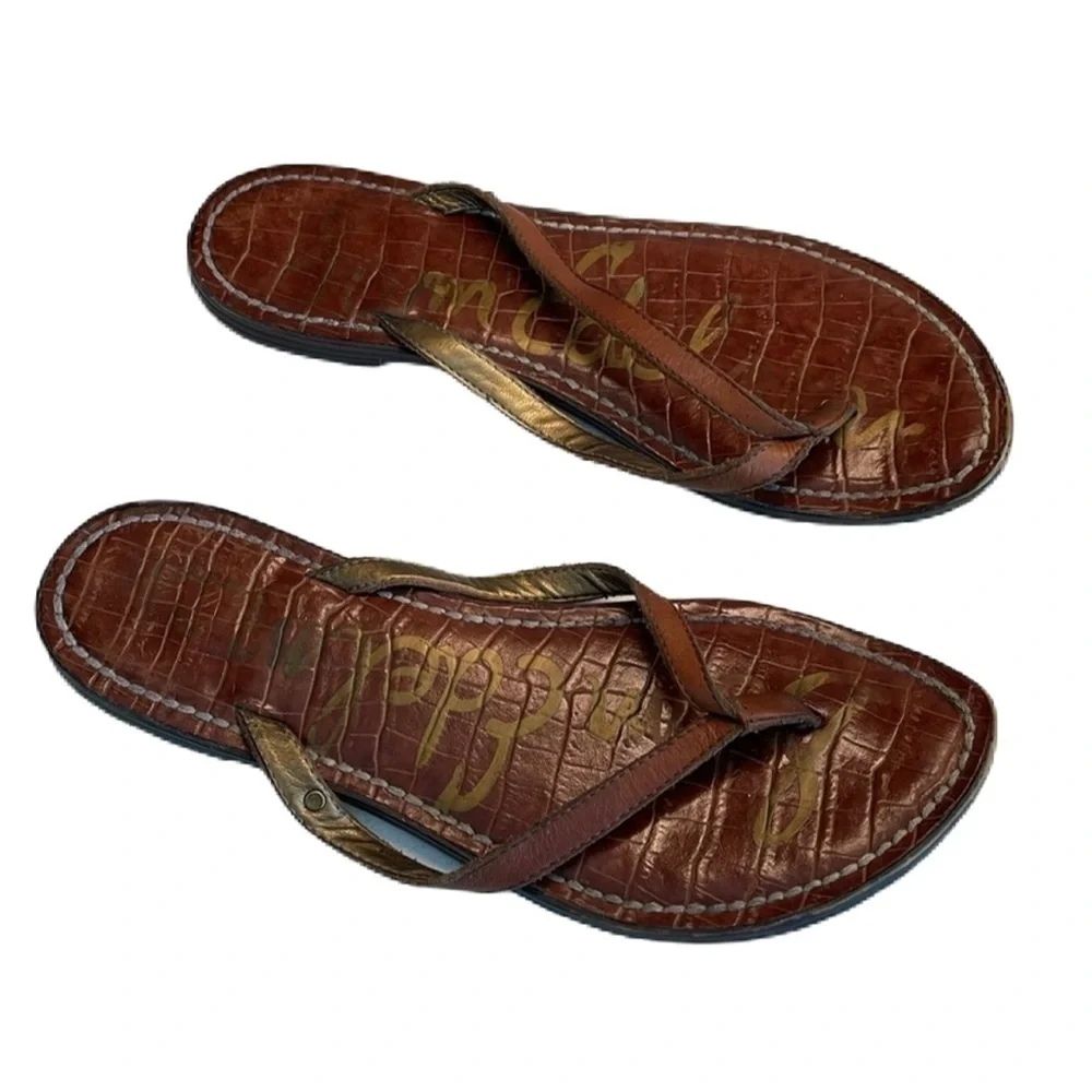 Sz7 Sam Edelman Gracie Leather Toe Thing Sandals. Brown and gold. GUC - Picture 3 of 8